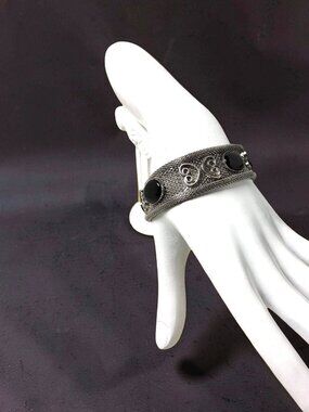 Vintage Celebrity NY Faux Black Onyx & Silver Tone Panther Link Mesh Bracelet, S